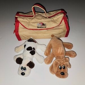 Vintage 80s Tonka Pound Puppies Newborns Cream and Brown Plush Set with carrier